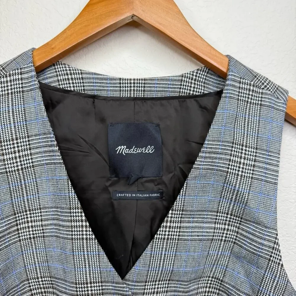 MADEWELL Wool Blend Waisted Vest in Yarn-Dye Plaid Brown Tan Career Women’s 14